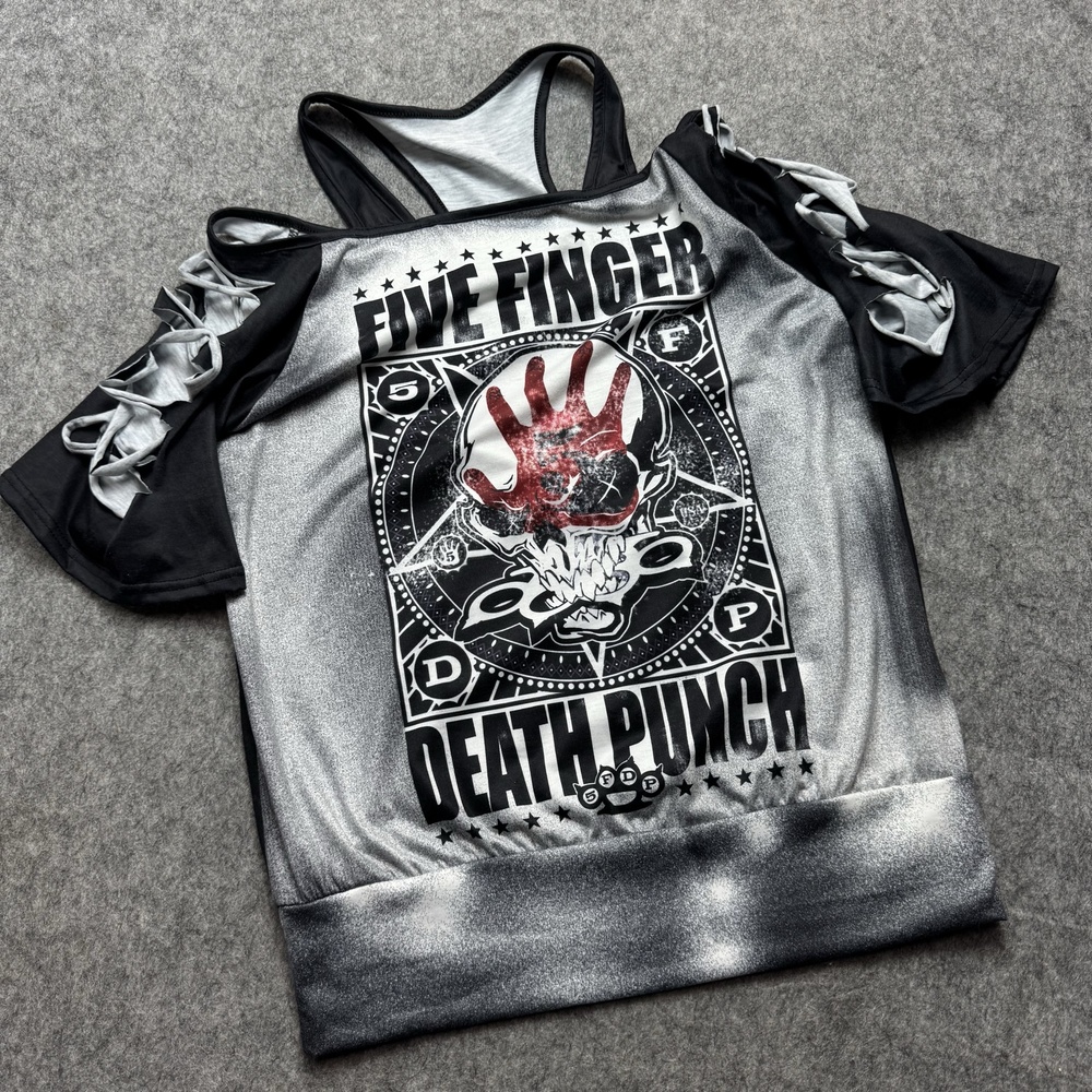 Five Finger Death Punch Shirt Womens S Gray Band Graphic Cold Shoulder Strap Tee
